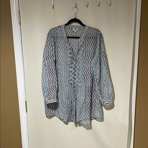 Dolma Women Long Sleeve V Neck Blouse Blue Gray Zigzag Large